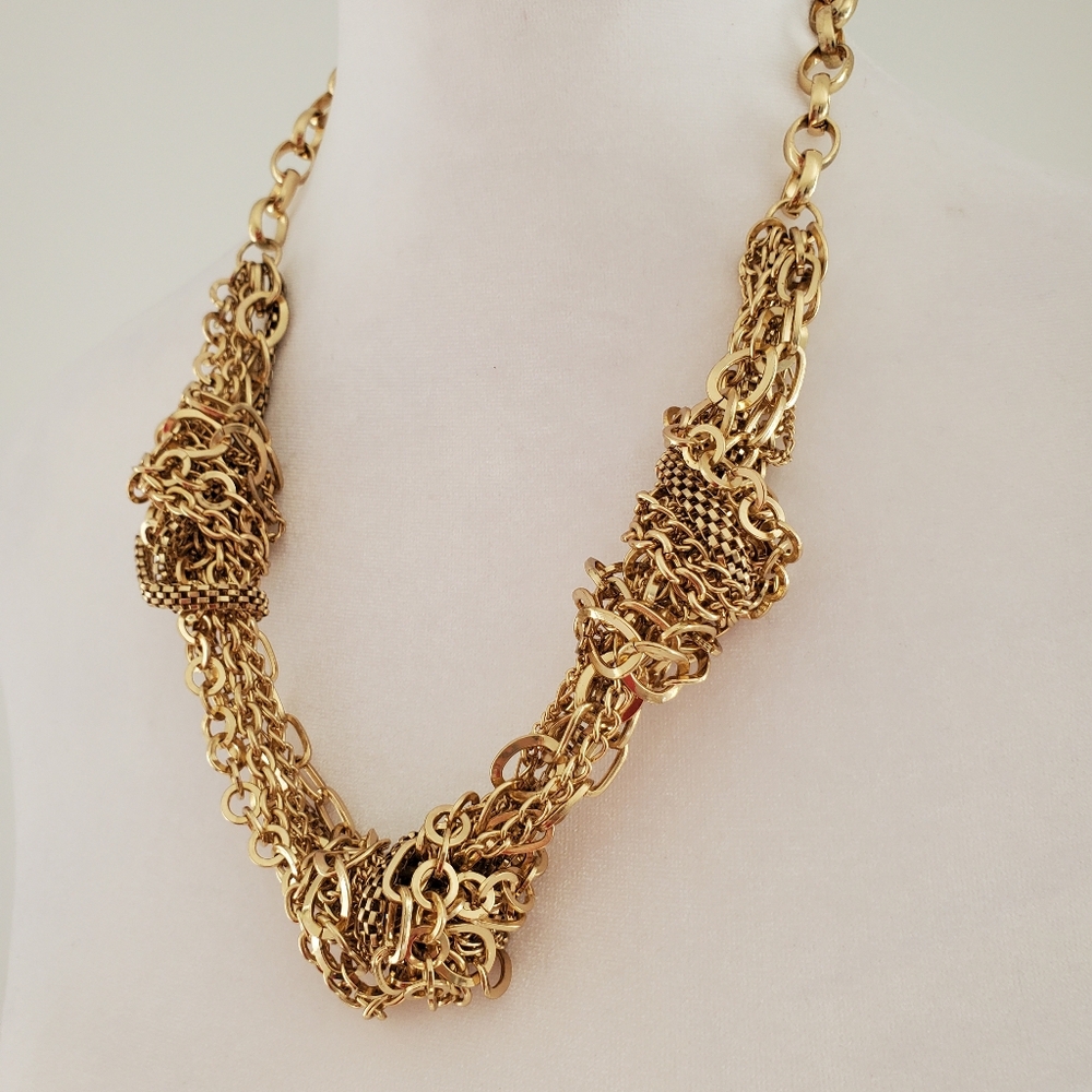 Knotted Multi-strand Bold Statement Necklace 80s Jewellery Gold Tone